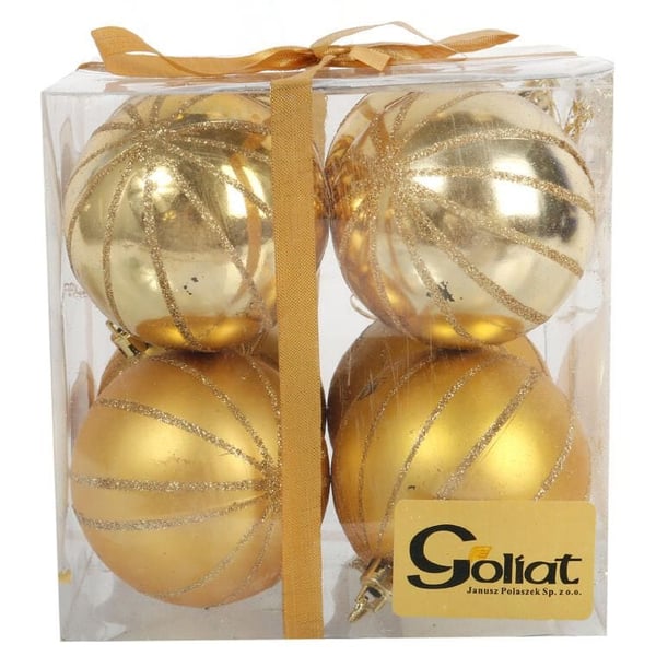 Set med 8 guldfärgade plastkulor 7 cm med glitterdekoration
