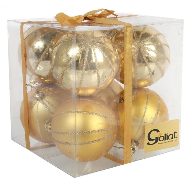 Set med 8 guldfärgade plastkulor 7 cm med glitterdekoration