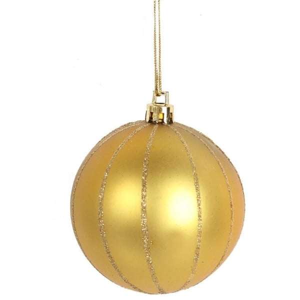 Set med 8 guldfärgade plastkulor 7 cm med glitterdekoration