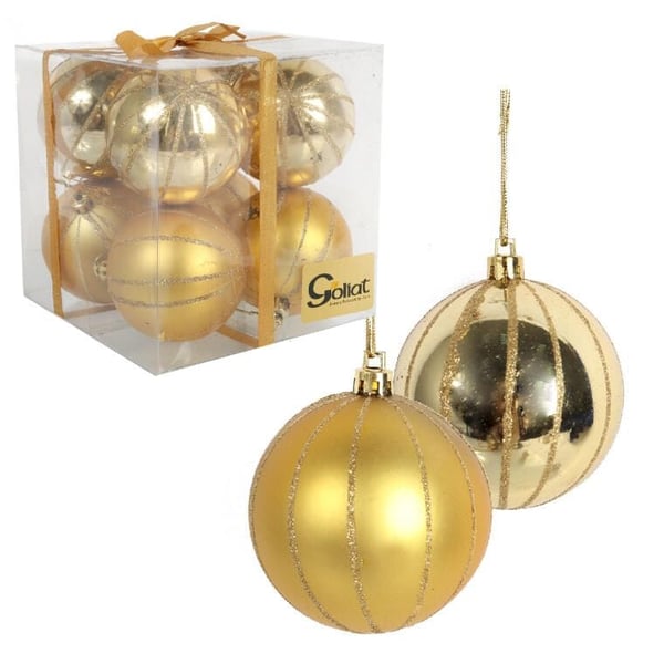 Set med 8 guldfärgade plastkulor 7 cm med glitterdekoration