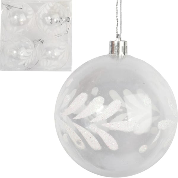 4 läpinäkyvän muovipallon setti valkoisilla lumihiutalekoristeilla, 8 cm