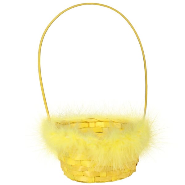 Keltainen elegantti pääsiäiskori höyhenreunuksella 17 cm