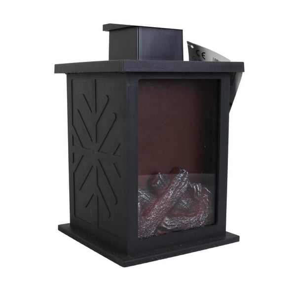 Batteridriven LED-lykta med batteridriven eldstad - Varmt orange ljus, plast, svart