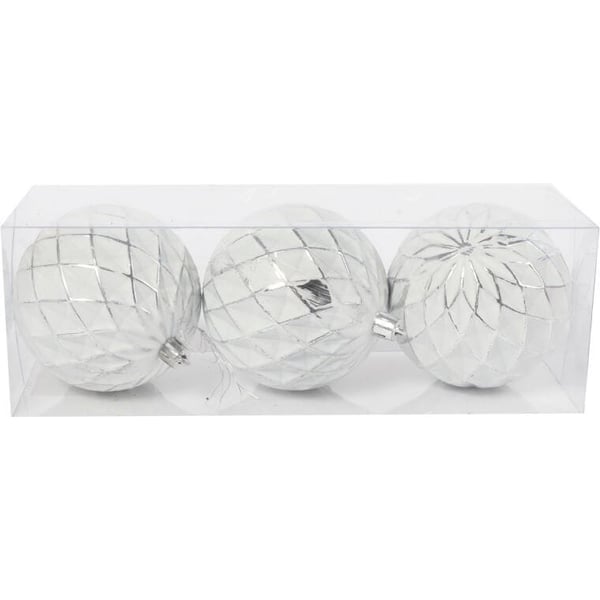 3 muovipallon setti koristeilla, 8 cm, valkoinen