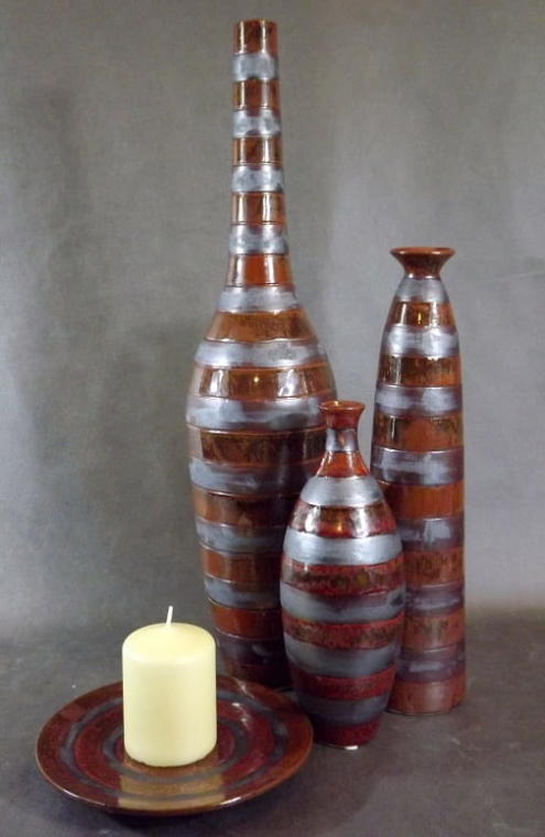 Sandfärgad tung keramikvas med ränder 38x20 cm