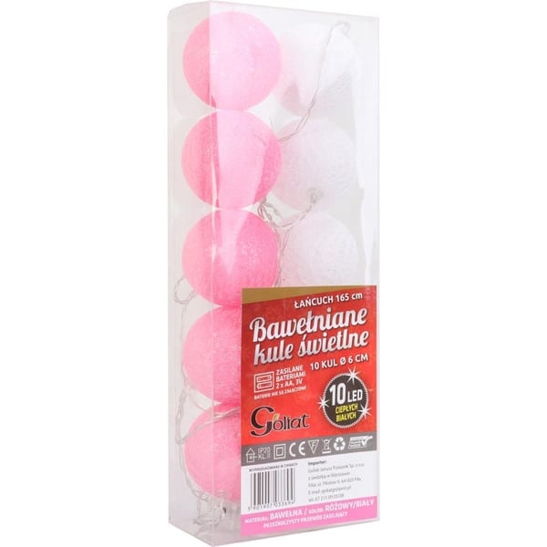 10 LED-ljusbollar bomull 6 cm rosa och vita varmvitt ljus med batterier