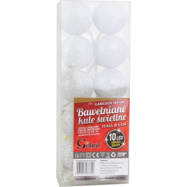Silverfärgade bomullsbollslampor med 10 lysdioder, 5 cm, 165 cm kabel, 2xAA-batterier