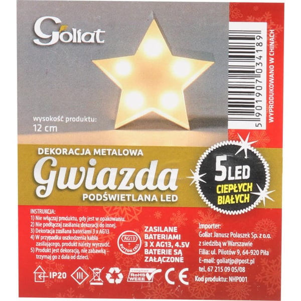 5 LED-tähteä, metallia, valaistu, 12 cm