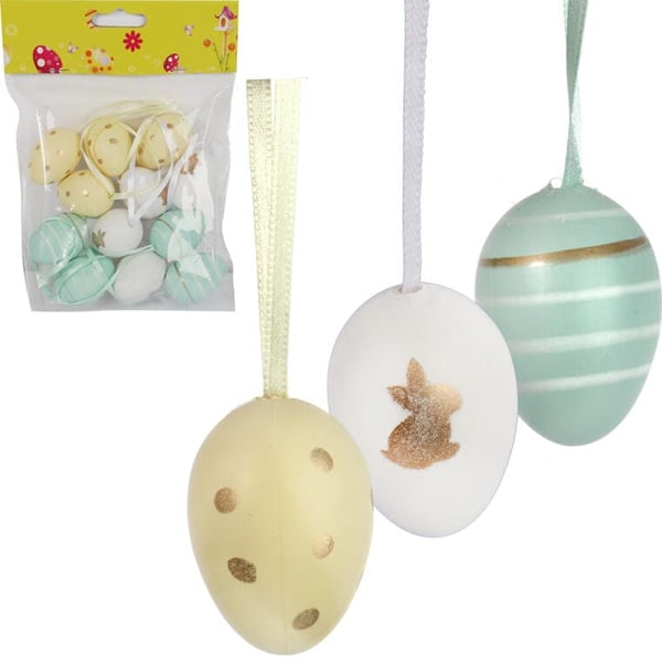 12 värikkään pääsiäismunan setti riipuksiin kultakoristeella 4 cm