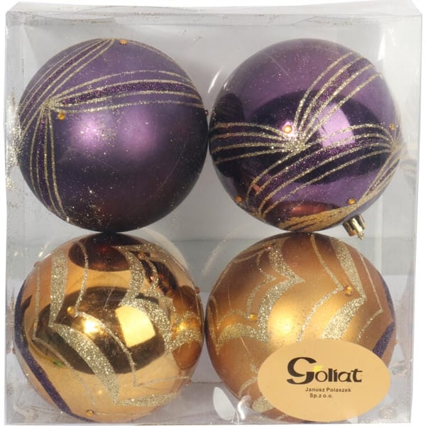 4 muovipallon setti kimalluskoristeilla 10 cm - kulta ja violetti