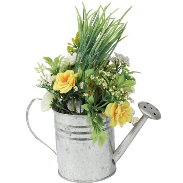 Gult vårarrangemang i vattenkanna - Dekorativa konstgjorda blommor 20 cm