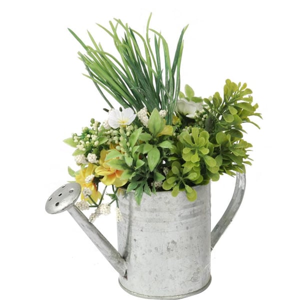 Gult vårarrangemang i vattenkanna - Dekorativa konstgjorda blommor 20 cm
