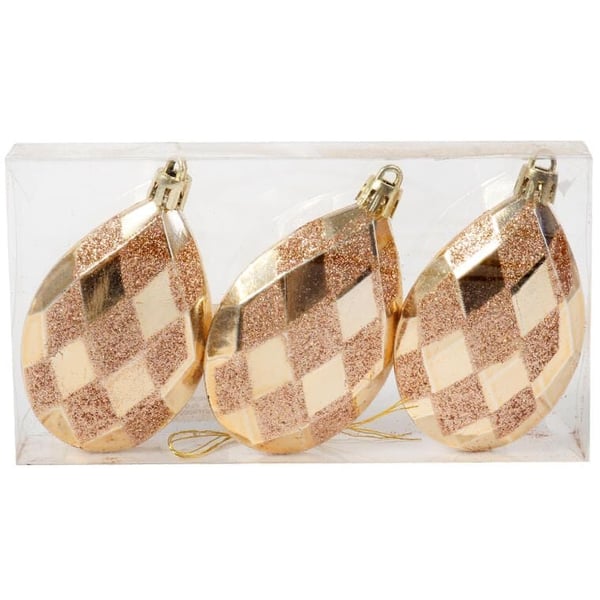 3 kultaisen pisaranmuotoisen pallon setti, 9 cm, kimalluskoristeilla