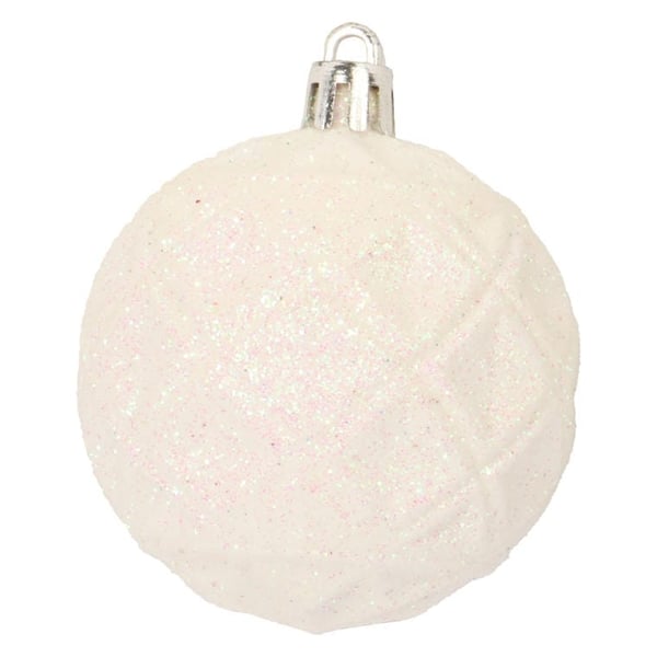 6 valkoisen muovipallon setti kohokuvioidulla timanttikuviolla - 3 hopeoitua, 3 glitteriä, halkaisija 6 cm