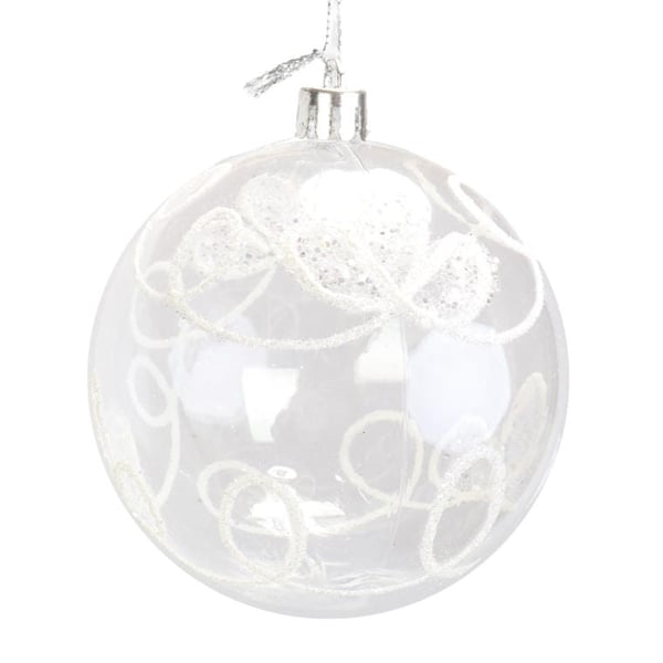Sæt med 6 gennemsigtige plastkuler med hvidt glitter, 8 cm