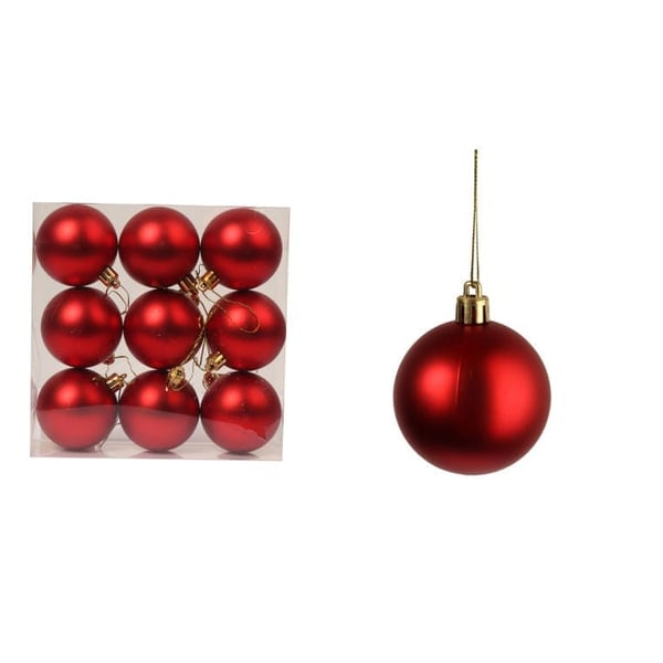 Set med 9 røde plastkuler, 6 cm store