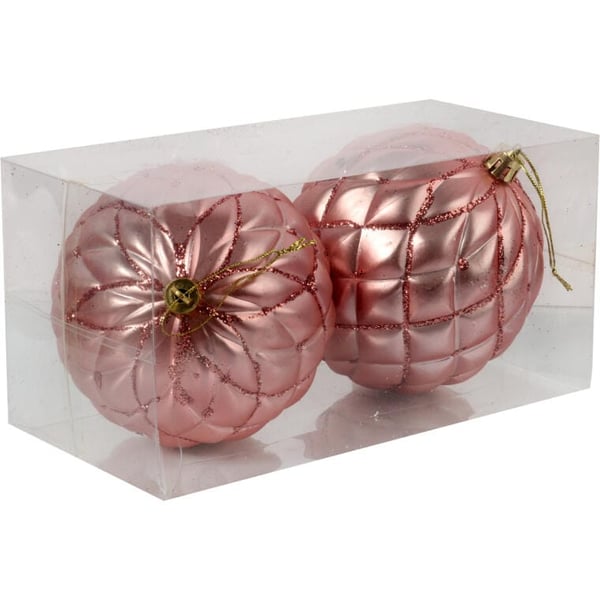 2 mattapintaista joulukuusenpalloa, 10 cm, pinkki, kimallekoristeilla