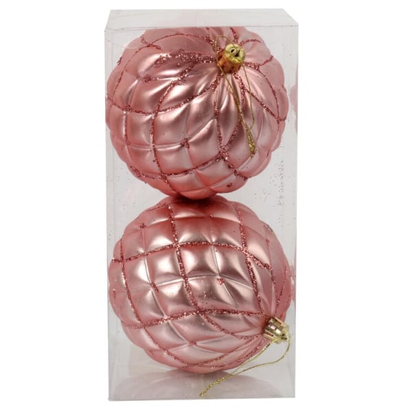 2 mattapintaista joulukuusenpalloa, 10 cm, pinkki, kimallekoristeilla