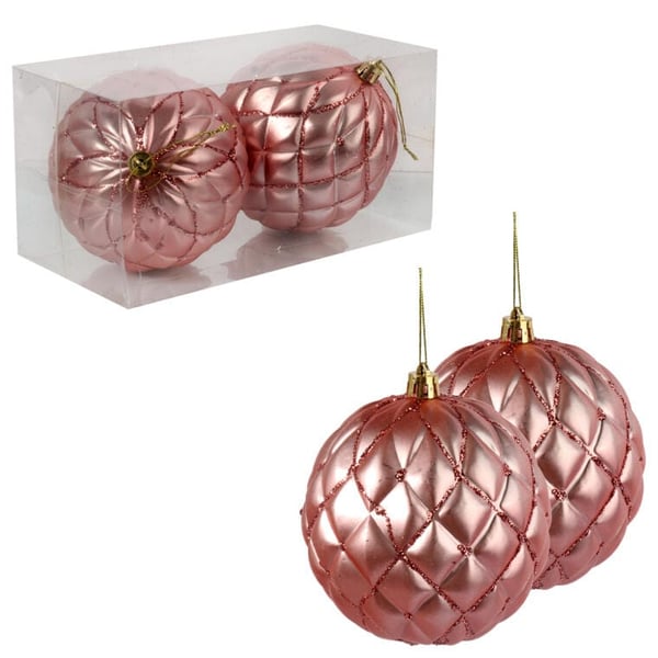 2 mattapintaista joulukuusenpalloa, 10 cm, pinkki, kimallekoristeilla