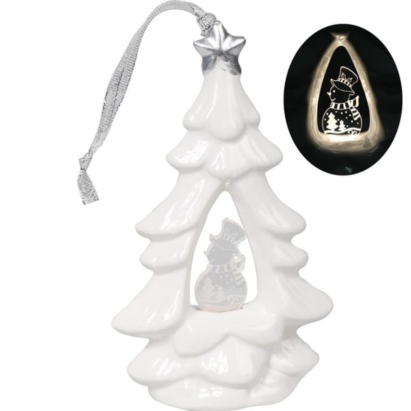 Keramisk julekrans med LED-oplyst snemand, hvid, 15 cm