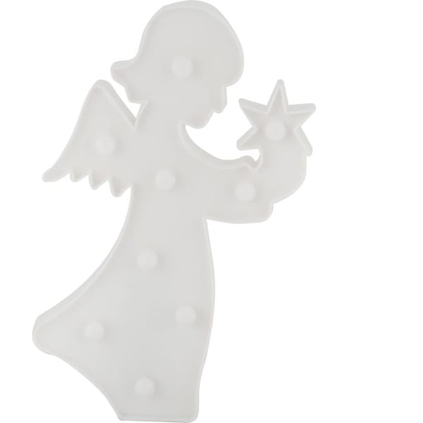 Valkoinen LED-enkeli 9l valokoristeella, 2xAA-paristoa, 28 cm
