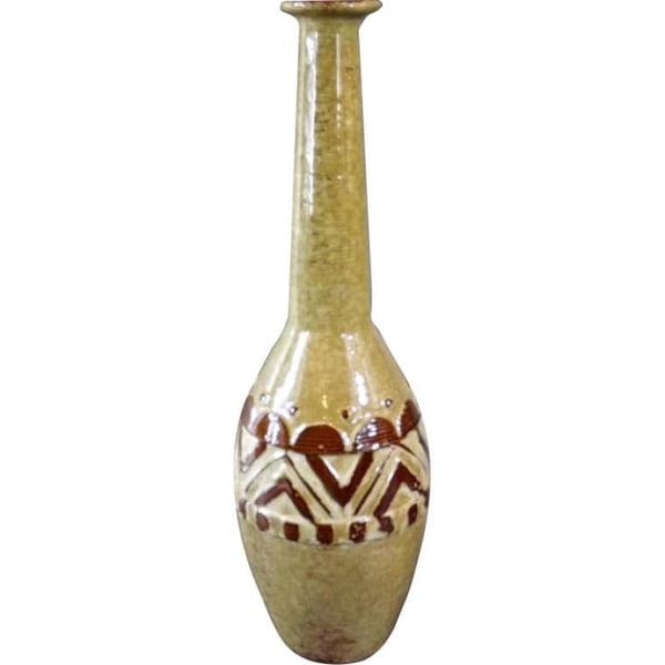 Sandfärgad keramikvas med brunt traceri, 42x12 cm