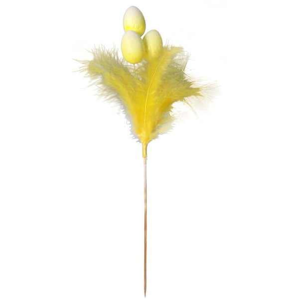 Keltaiset koristeelliset munat höyhenillä hakkuun kiinnitettynä, korkeus 36 cm