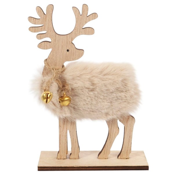 Jouluinen porohahmo kellolla, tekoturkiksella ja glitterillä, 14 cm