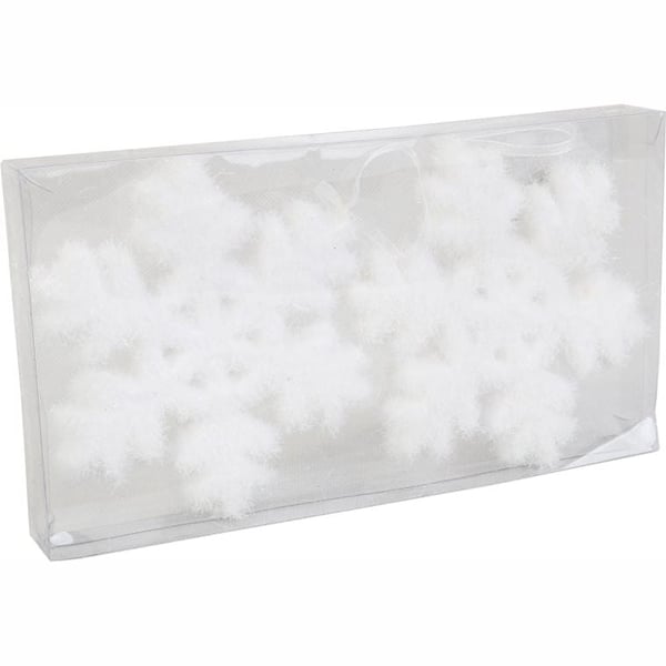 2 valkoista hohtavaa styrox-lumihiutaletta 11 cm PVC-laatikossa 2 valkoista hohtavaa styrox-lumihiutaletta 11 cm PVC-laatikossa