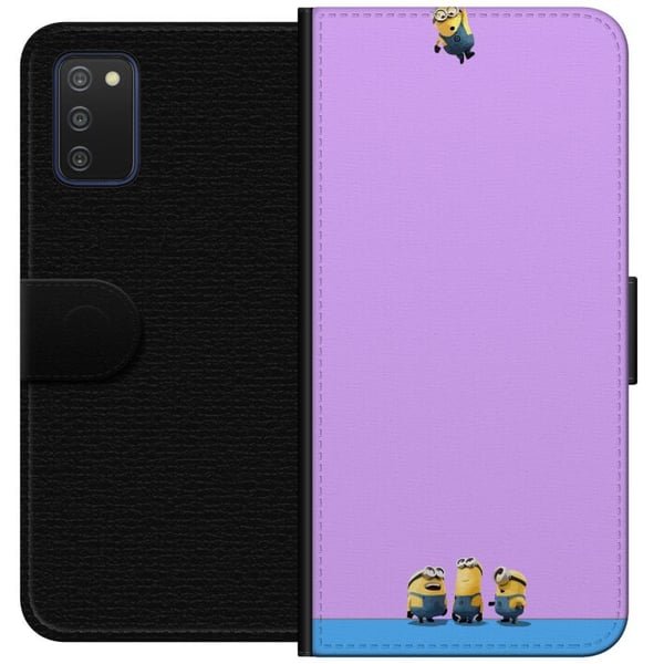 Kompatibelt Lommeboketui til Samsung Galaxy A03s Minions-illustrasjon med lilla og blå bakgrunn, humoristisk filmtema for fans av morsomme karakterer