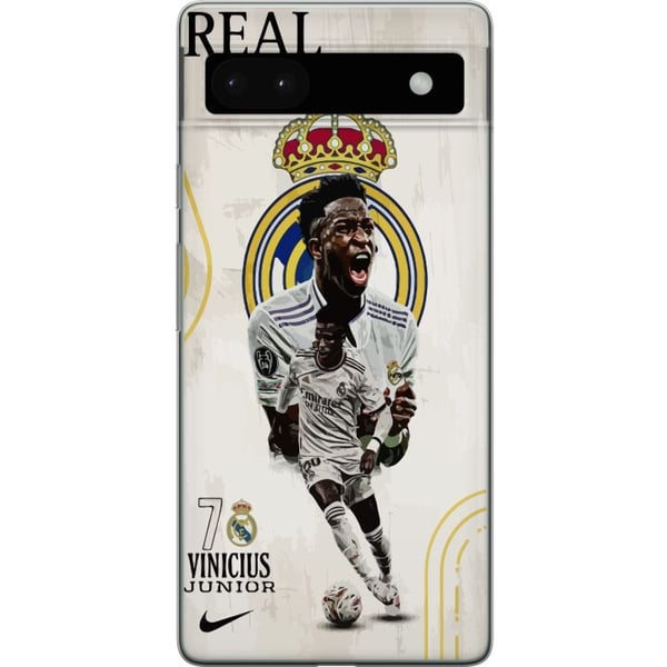 Yhteensopiva Puhelinkuori Google Pixel 6a Real Madrid Vinícius Júnior hyökkääjä numeron 7 paidassa seuran logo valkoinen peliasu energinen poseeraus