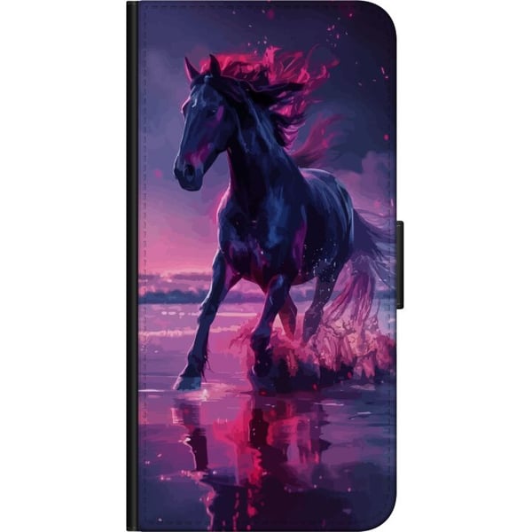 Kompatibelt Lommeboketui til Samsung Galaxy A03s Elegant svart hest som løper gjennom vann i lilla og rosa lys med en magisk følelse