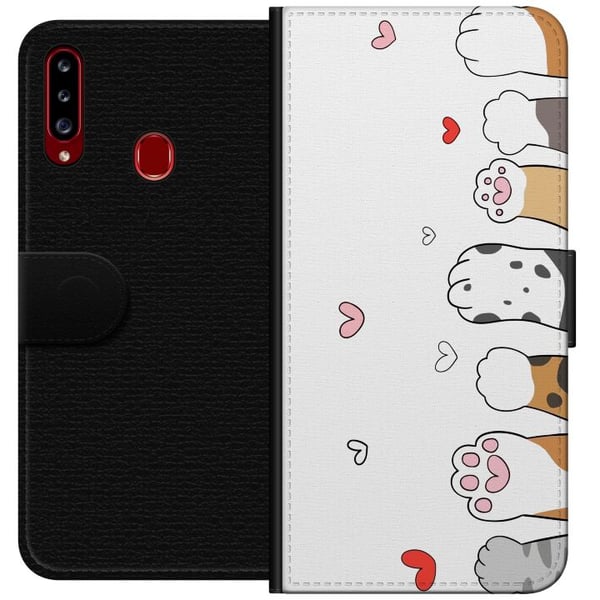 Kompatibelt Lommeboketui til Samsung Galaxy A20s Søte kattepoter med hjerter på hvit bakgrunn, minimalistisk kawaii-motiv for dyreelskere, mykt desig