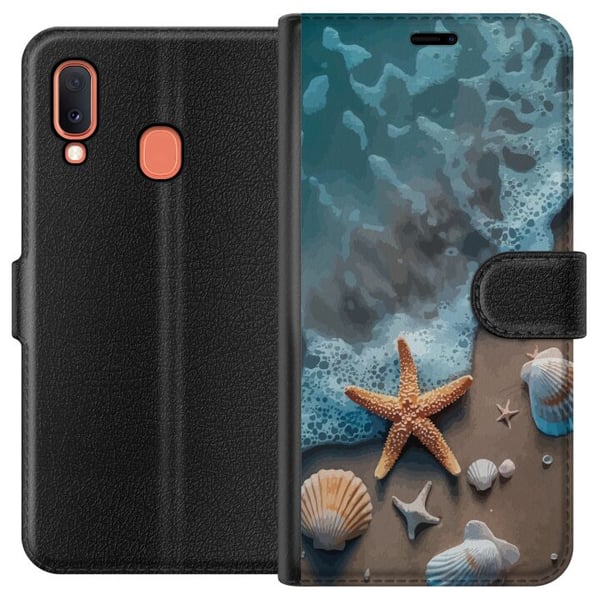Kompatibelt Plånboksfodral till Samsung Galaxy A20e Sjöstjärna och snäckor stranddesign med lugna vågor hav och sand inspirerad av semesterkänsla nat