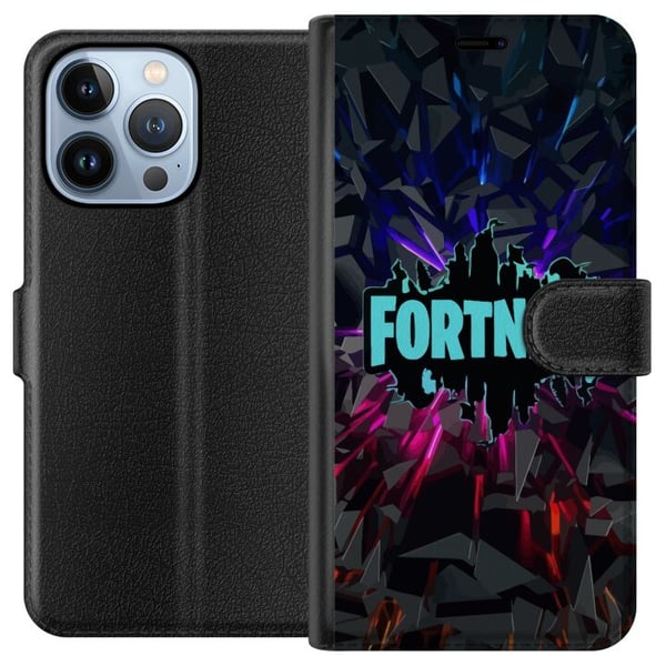 Kompatibelt Lommeboketui til Apple iPhone 13 Pro Fortnite-plakat – Logo i blå neon på svart bakgrunn, gamingdesign Kompatibelt Lommeboketui til Apple iPhone 13 Pro Fortnite-plakat – Logo i blå neon på svart bakgrunn, gamingdesign
