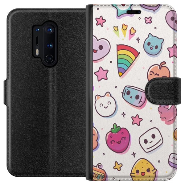 Kompatibel Tegnebogsetui til OnePlus 8 Pro Kawaii-doodle-collage med søde figurer, frugter, stjerner, hjerter, pastelfarver og legende tegneserieæste