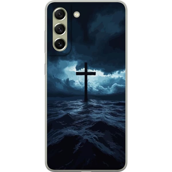 Kompatibel Mobilcover til Samsung Galaxy S21 FE 5G Kors i stormfuldt hav dramatisk kristent maleri med kors og bølger religiøst motiv ocean himmel tr