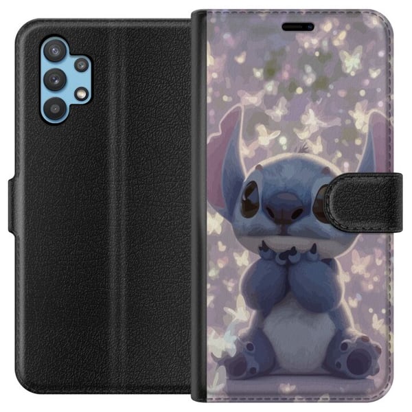 Kompatibelt Plånboksfodral till Samsung Galaxy A32 5G Stitch med fjärilar söt Disney kawaii blå alien butterflies magiskt pastell drömmigt motiv post Kompatibelt Plånboksfodral till Samsung Galaxy A32 5G Stitch med fjärilar söt Disney kawaii blå alien butterflies magiskt pastell drömmigt motiv post