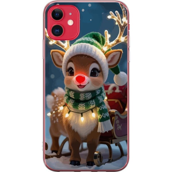 Kompatibelt Mobilskal till Apple iPhone 11 Julig ren med lysande horn röd nos och stickad grön mössa står framför släde i snötäckt miljö och sprider
