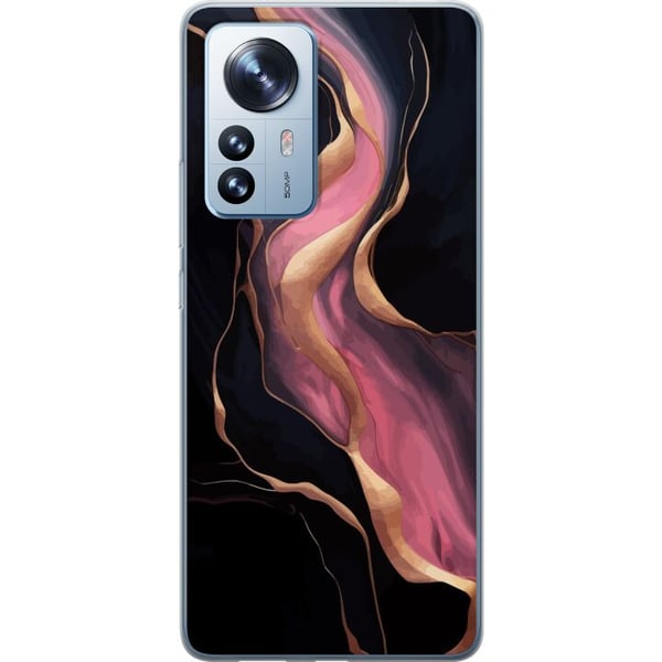 Yhteensopiva Puhelinkuori Xiaomi 12 Pro Abstrakteja mustia aaltoja, joissa on vaaleanpunaisia juovia ja kullanväriset reunat, kuin valuvaa marmoria t