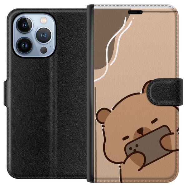 Yhteensopiva Lompakkokotelo Apple iPhone 13 Pro Lazy Bear Chill Mode Söpö karhu makaa puhelin kädessään beigen taustan edessä rauhallisessa ja rennos