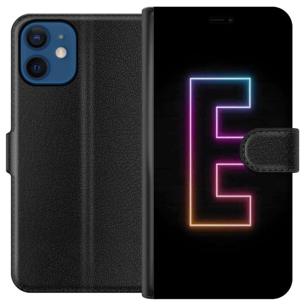 Kompatibel Tegnebogsetui til Apple iPhone 12 Minimalistisk neonbogstav E i lysende farver mod mørk baggrund