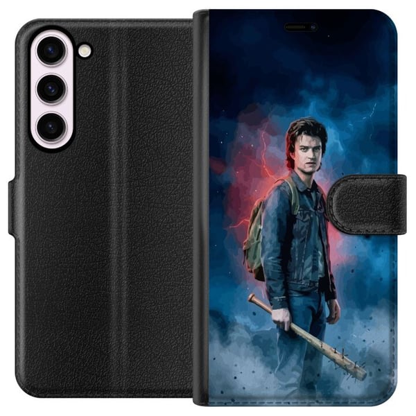 Yhteensopiva Lompakkokotelo Samsung Galaxy S23+ Stranger Things -muotokuva, jossa on pesäpallomaila, salamoita ja dramaattinen tausta