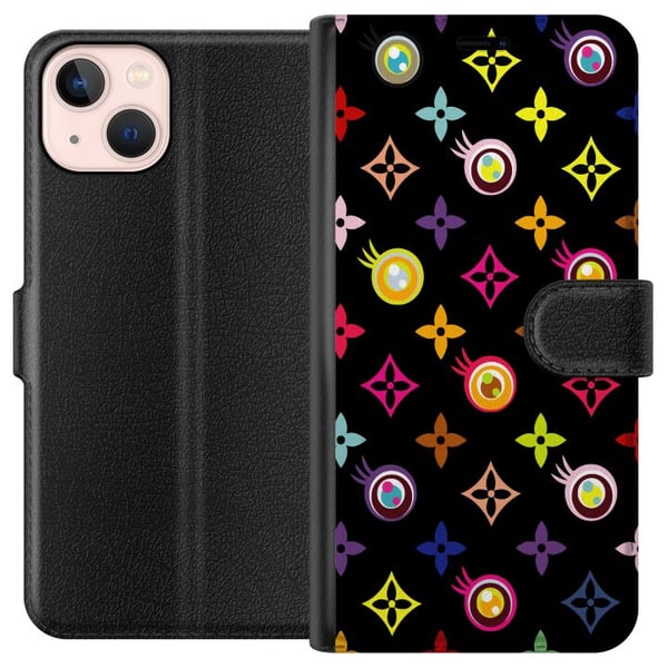 Kompatibelt Lommeboketui til Apple iPhone 13 mini Fargerikt mønster med geometriske symboler og øyne på svart bakgrunn pop art-design Kompatibelt Lommeboketui til Apple iPhone 13 mini Fargerikt mønster med geometriske symboler og øyne på svart bakgrunn pop art-design