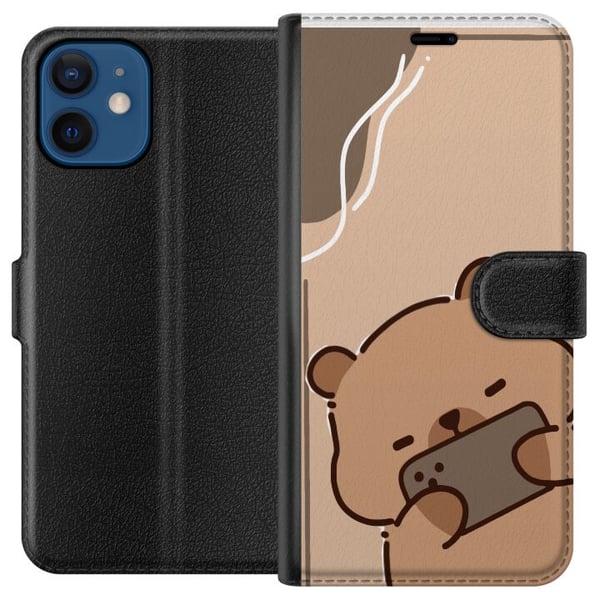 Kompatibel Tegnebogsetui til Apple iPhone 12 mini Lazy Bear Chill Mode Sød bjørn, der ligger med mobilen på beige baggrund i en rolig, afslappet stil