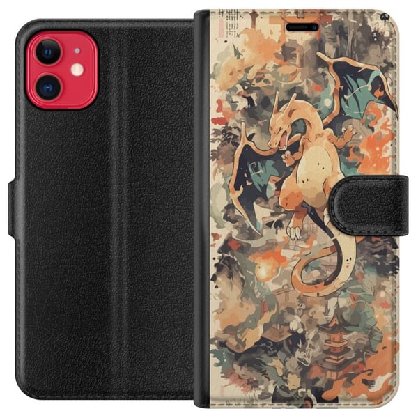 Kompatibelt Plånboksfodral till Apple iPhone 11 Fire Dragon Legend eldsprutande drake i japansk konststil vintage illustration med tempel och rökmoln