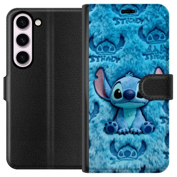 Kompatibelt Lommeboketui til Samsung Galaxy S23 Stitch sitter på et fluffy blått mønster med ansiktet og ørene sine gjentatt som tekstur, noe som ska