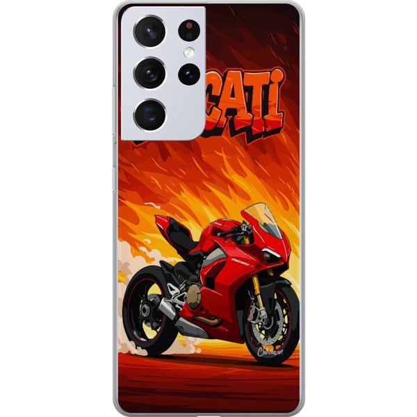 Kompatibel Mobilcover til Samsung Galaxy S21 Ultra 5G Ducati rød sportsmotorcykel mod en brændende baggrund fartfyldt motiv for motorentusiaster