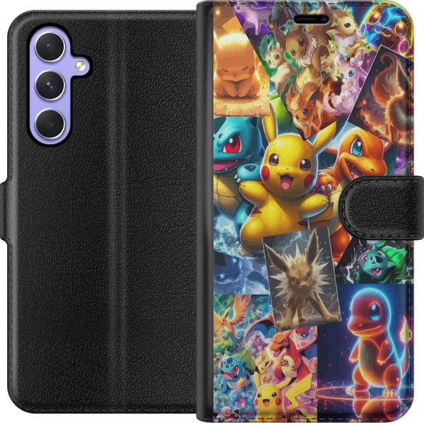 Kompatibel Tegnebogsetui til Samsung Galaxy A54 Pokémon-illustration – Pikachu, Eevee og Charmander i farverigt design