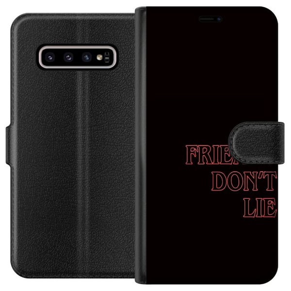Kompatibelt Plånboksfodral till Samsung Galaxy S10+ Stranger Things Friends Don’t Lie – neonröd textdesign med populärt Stranger Things citat från se